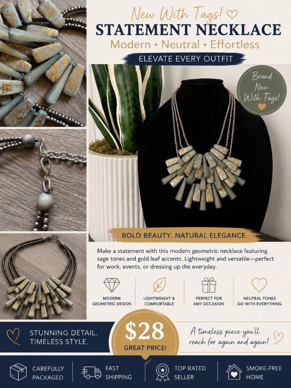 NWT Sage Green & Gold Statement Necklace | Layered Beaded Bib Necklace Boho Chic
